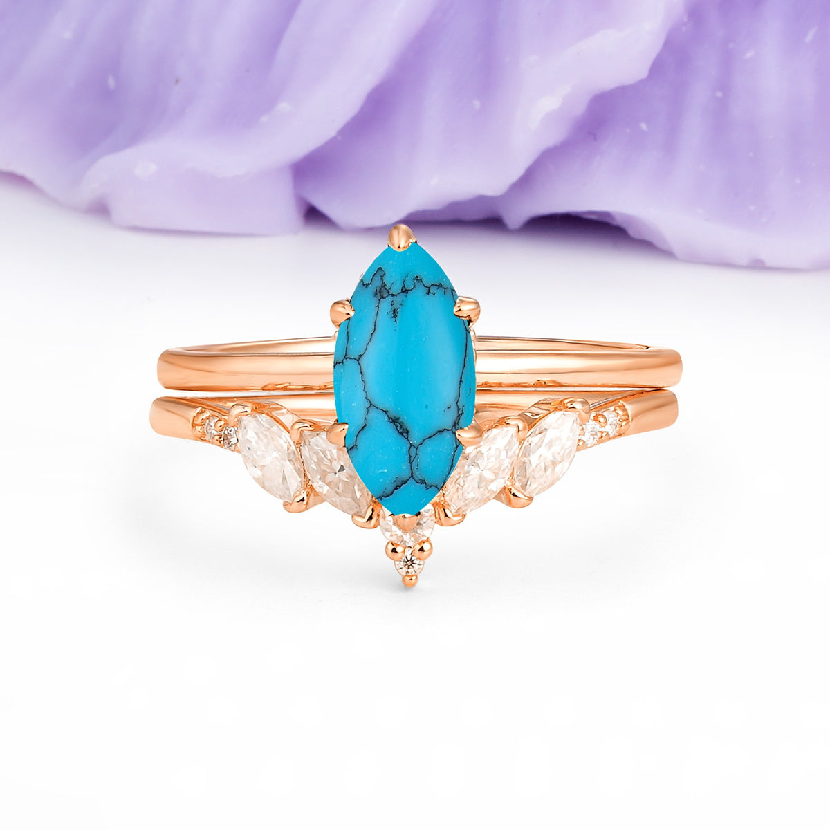 Classic, Luxurious 6-Prong Marquise Cut Turquoise Bridal Ring Set - Additional view