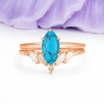 Classic, Luxurious 6-Prong Marquise Cut Turquoise Bridal Ring Set - Additional view