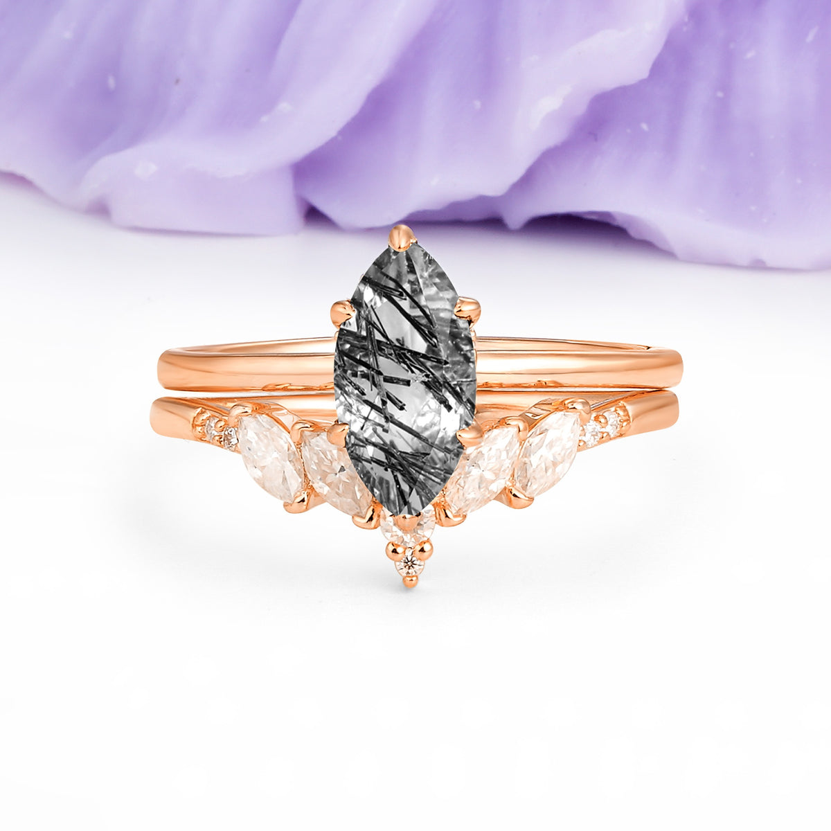 Classic, Luxurious 6-Prong Marquise Cut Black Rutilated Quartz Bridal Ring Set - Additional view