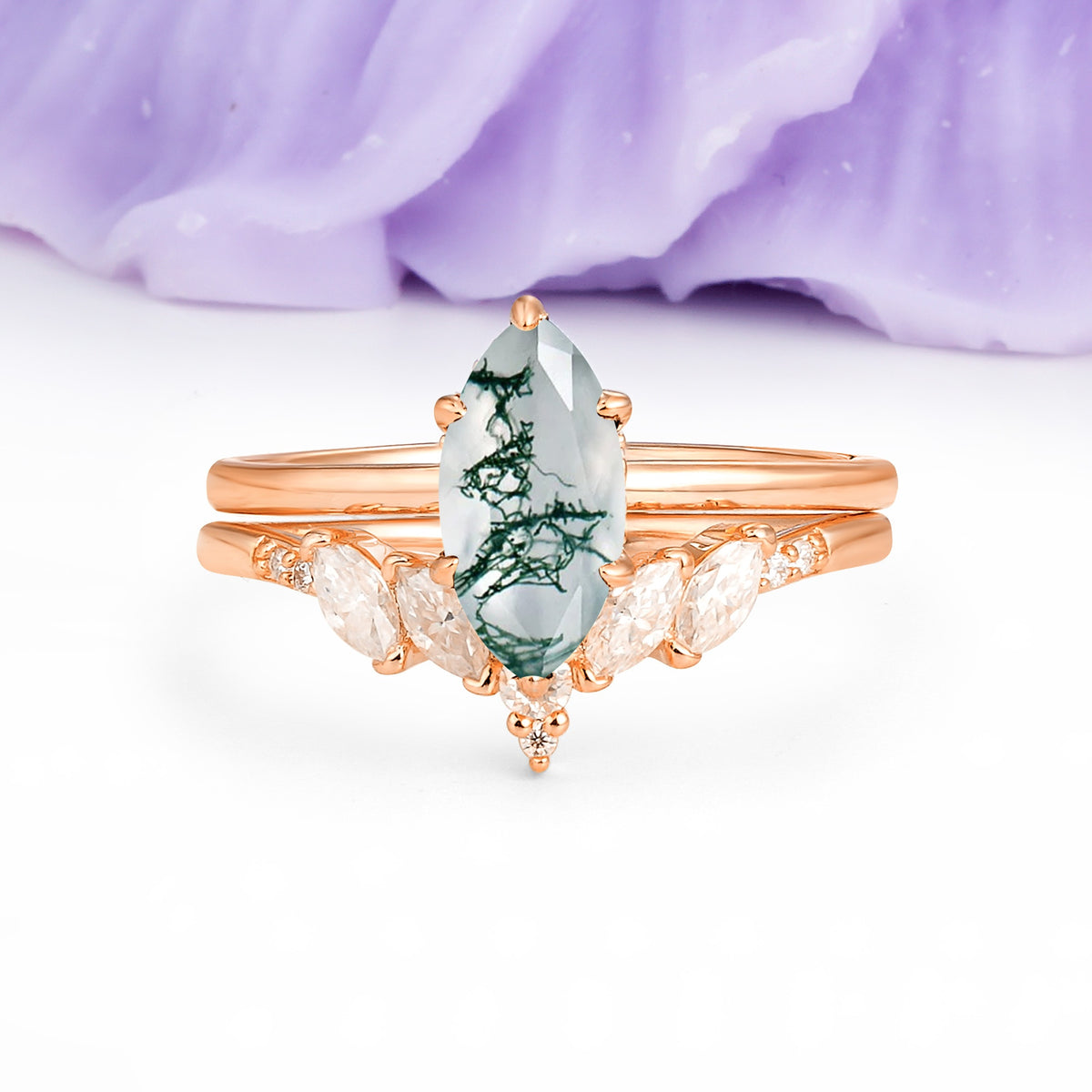Classic, Luxurious 6-Prong Marquise Cut Moss Agate Bridal Ring Set - Additional view