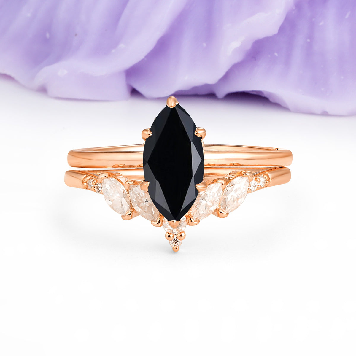 Classic, Luxurious 6-Prong Marquise Cut Black Onyx Bridal Ring Set - Additional view