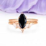Classic, Luxurious 6-Prong Marquise Cut Black Onyx Bridal Ring Set - Additional view