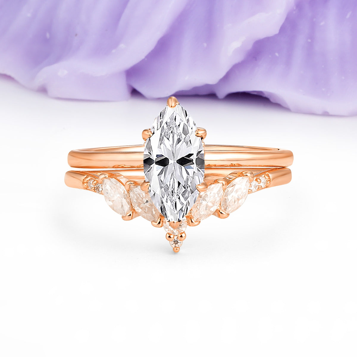 Classic, Luxurious 6-Prong Marquise Cut Lab Diamond Bridal Ring Set - Additional view