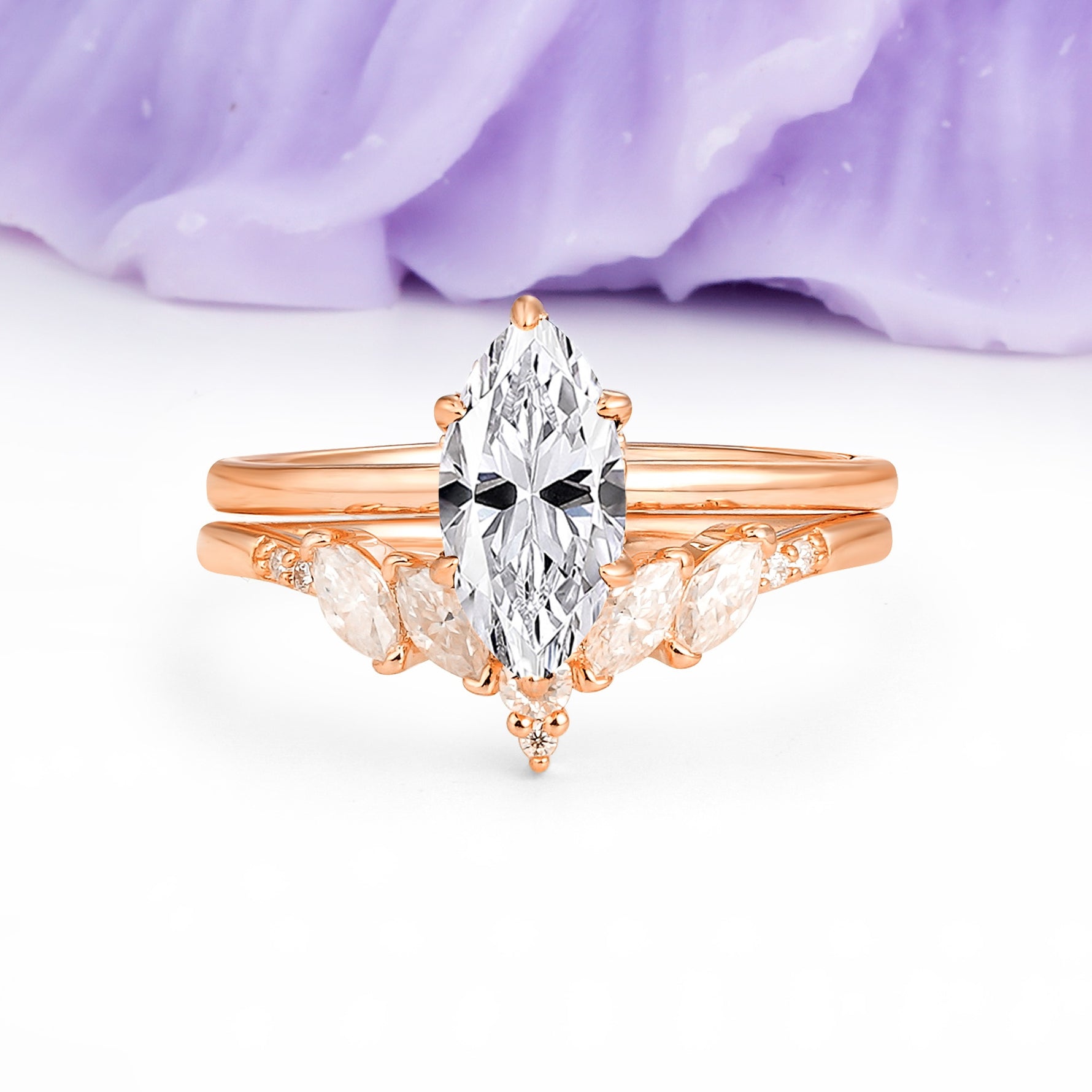 Classic, Luxurious 6-Prong Marquise Cut Lab Diamond Bridal Ring Set - Additional view