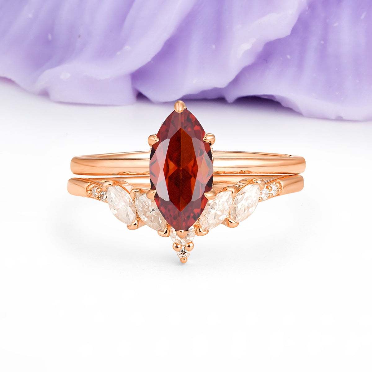 Classic, Luxurious 6-Prong Marquise Cut Garnet Bridal Ring Set - Additional view