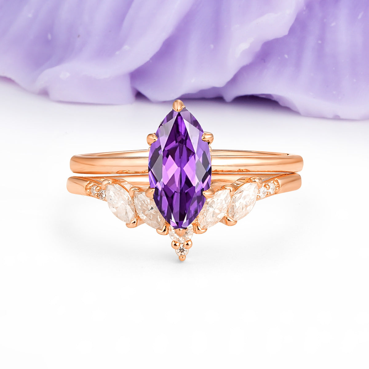 Classic, Luxurious 6-Prong Marquise Cut Amethyst Bridal Ring Set - Additional view