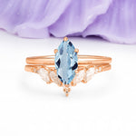 Classic, Luxurious 6-Prong Marquise Cut Aquamarine Bridal Ring Set - Additional view
