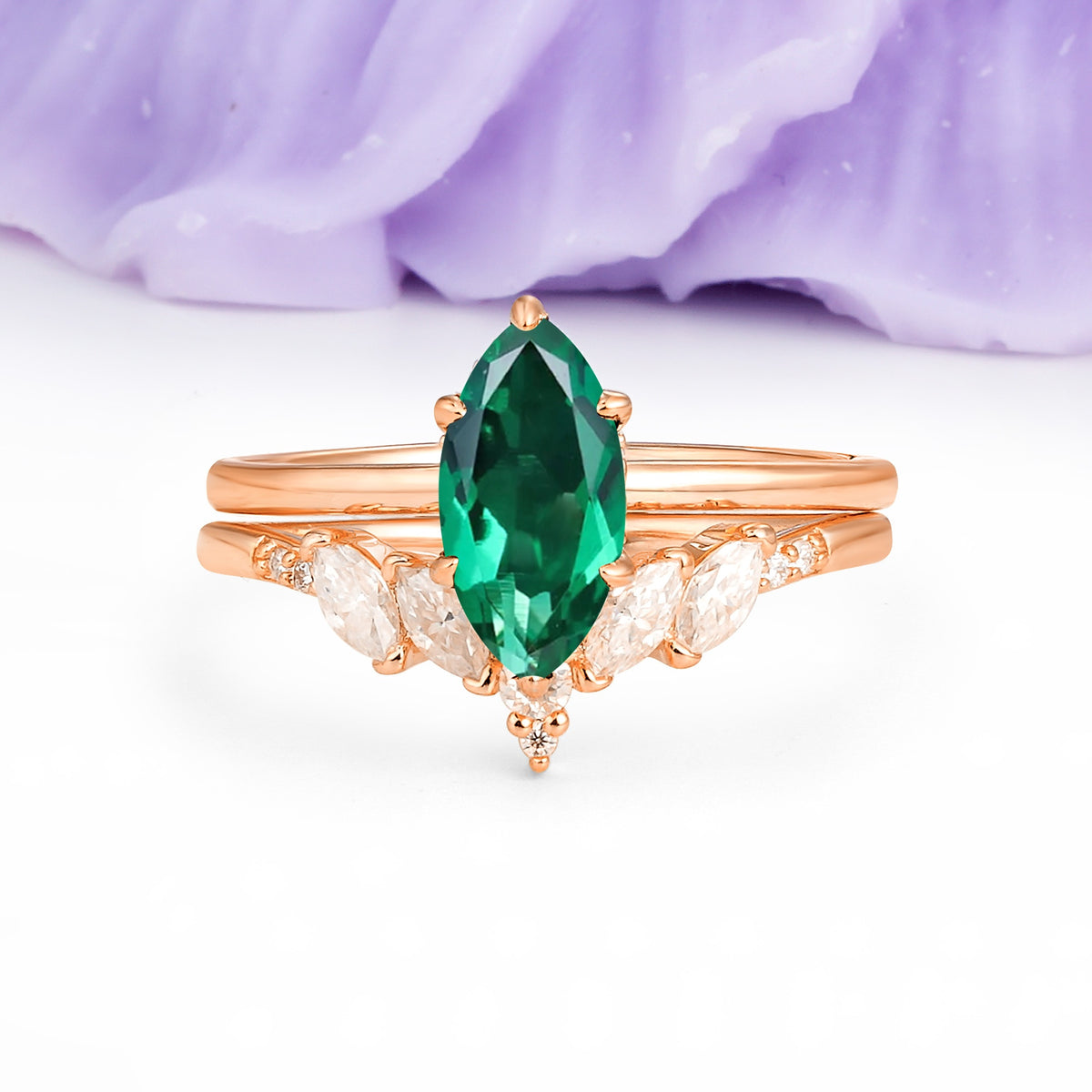 Classic, Luxurious 6-Prong Marquise Cut Emerald Bridal Ring Set - Additional view