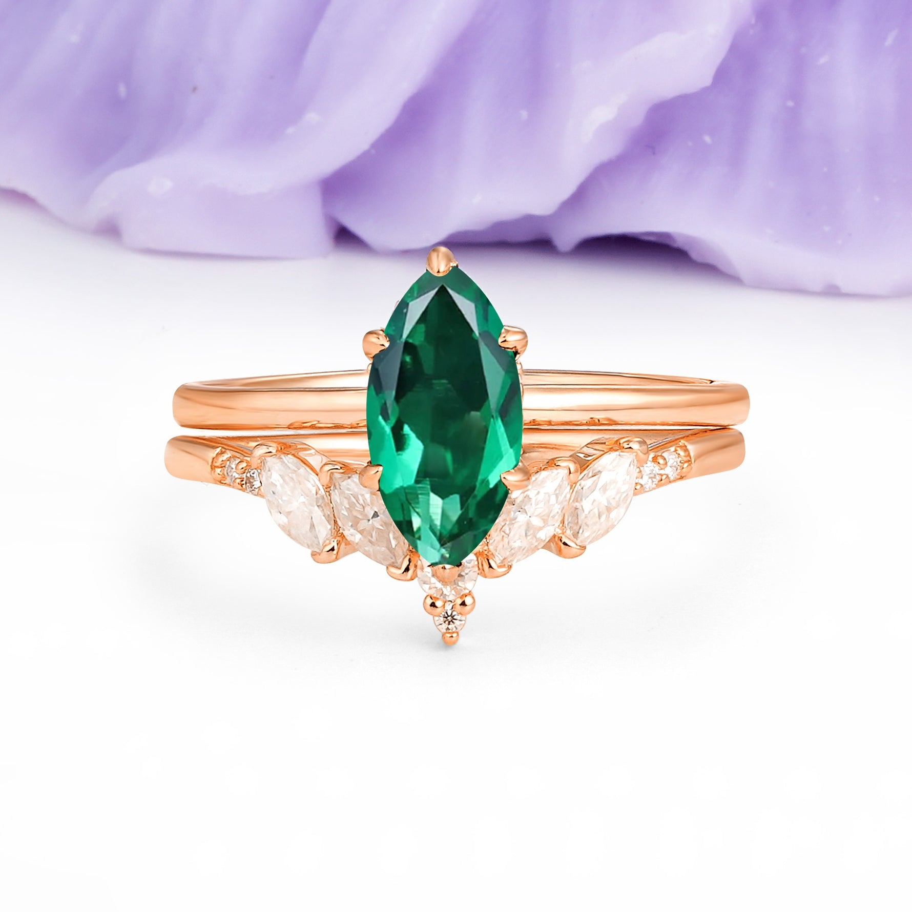 Classic, Luxurious 6-Prong Marquise Cut Emerald Bridal Ring Set - Additional view