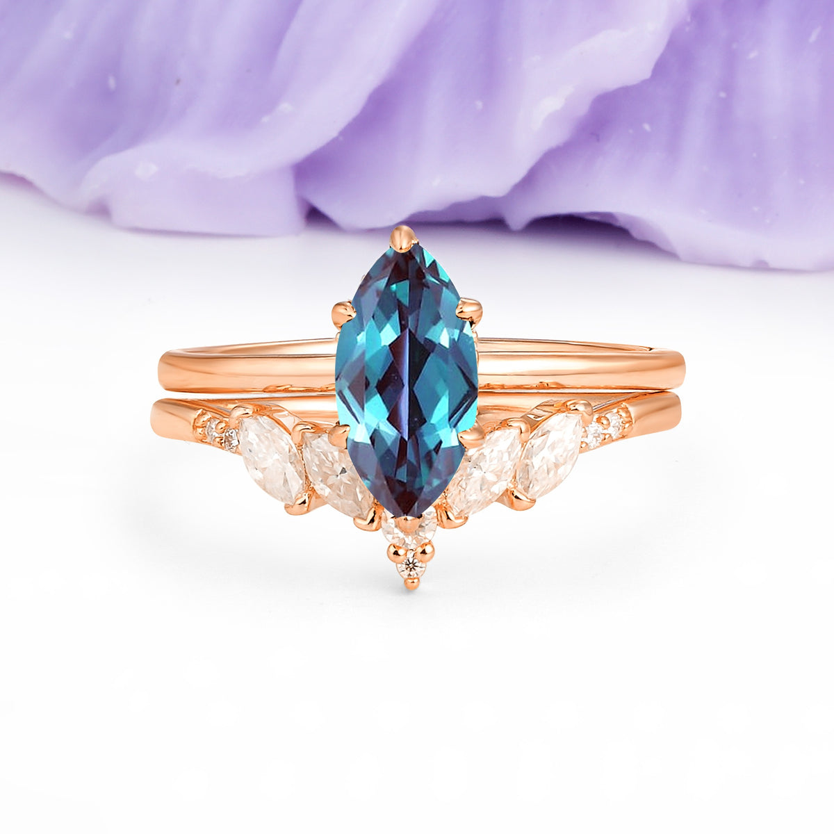 Classic, Luxurious 6-Prong Marquise Cut Alexandrite Bridal Ring Set - Additional view