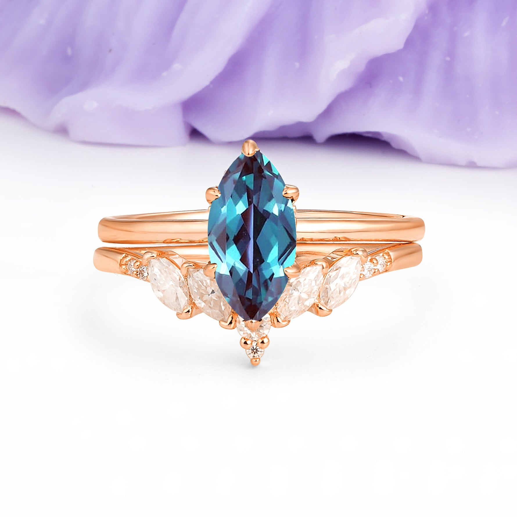 Classic, Luxurious 6-Prong Marquise Cut Alexandrite Bridal Ring Set - Additional view