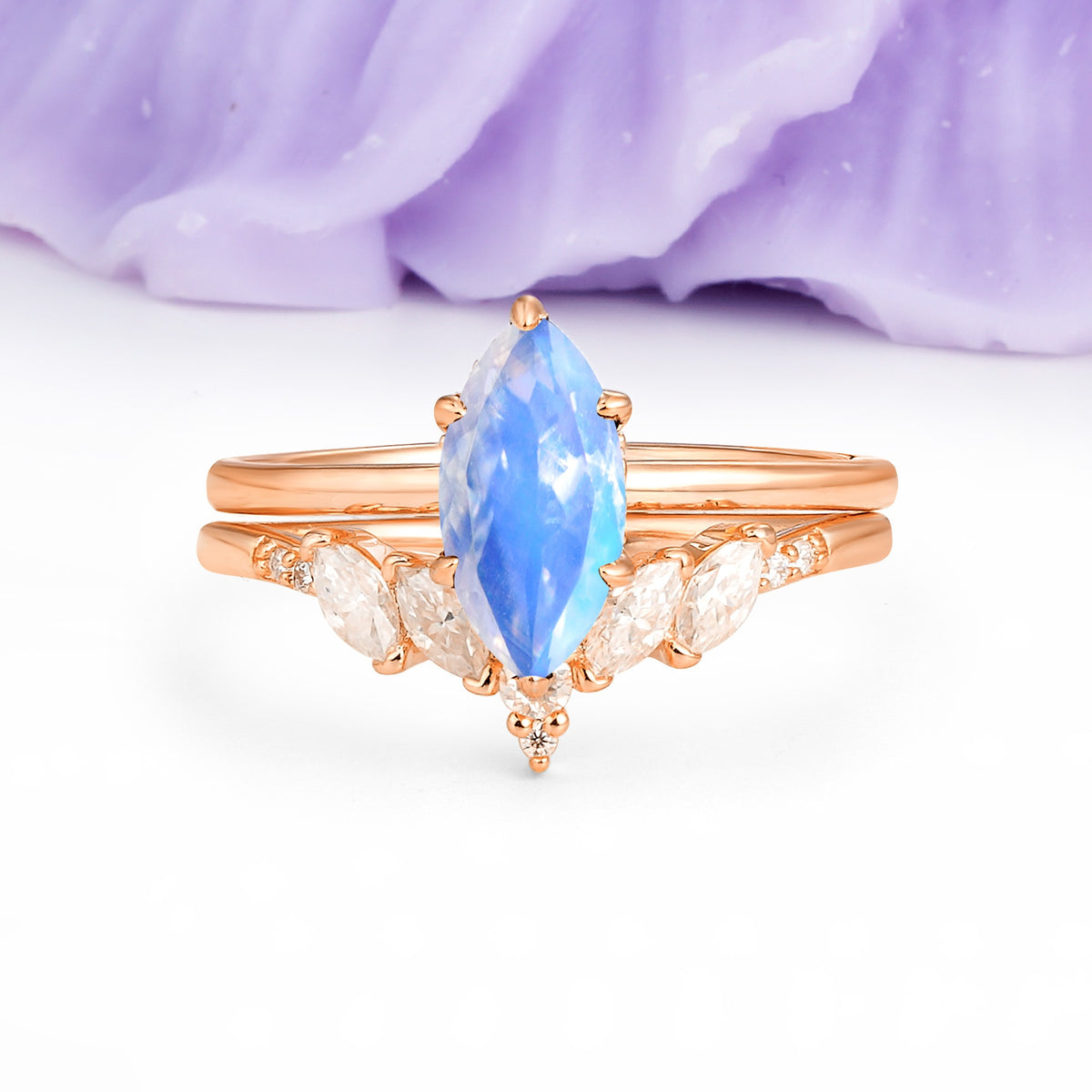 Classic, Luxurious 6-Prong Marquise Cut Moonstone Bridal Ring Set - Additional view