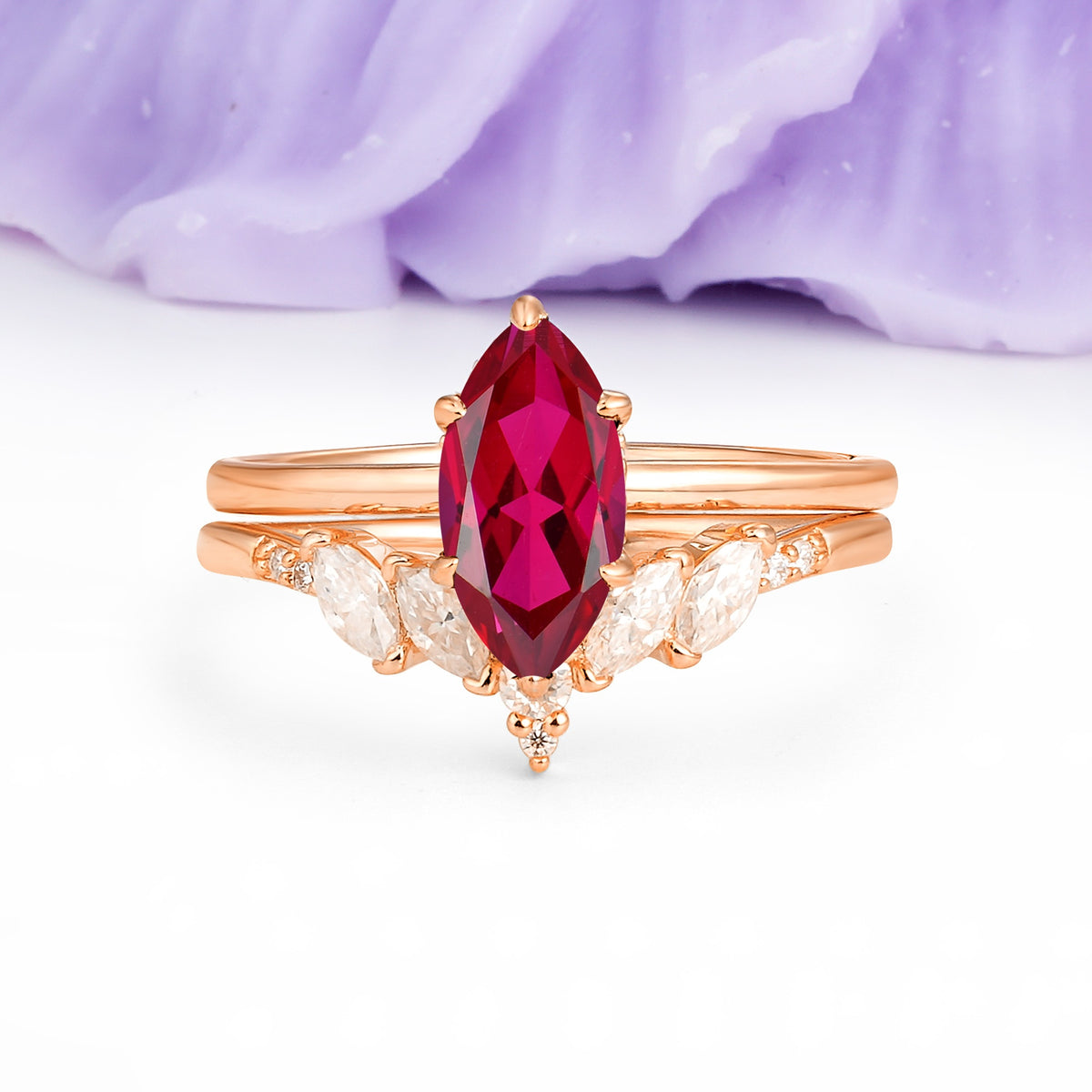 Classic, Luxurious 6-Prong Marquise Cut Ruby Bridal Ring Set - Additional view