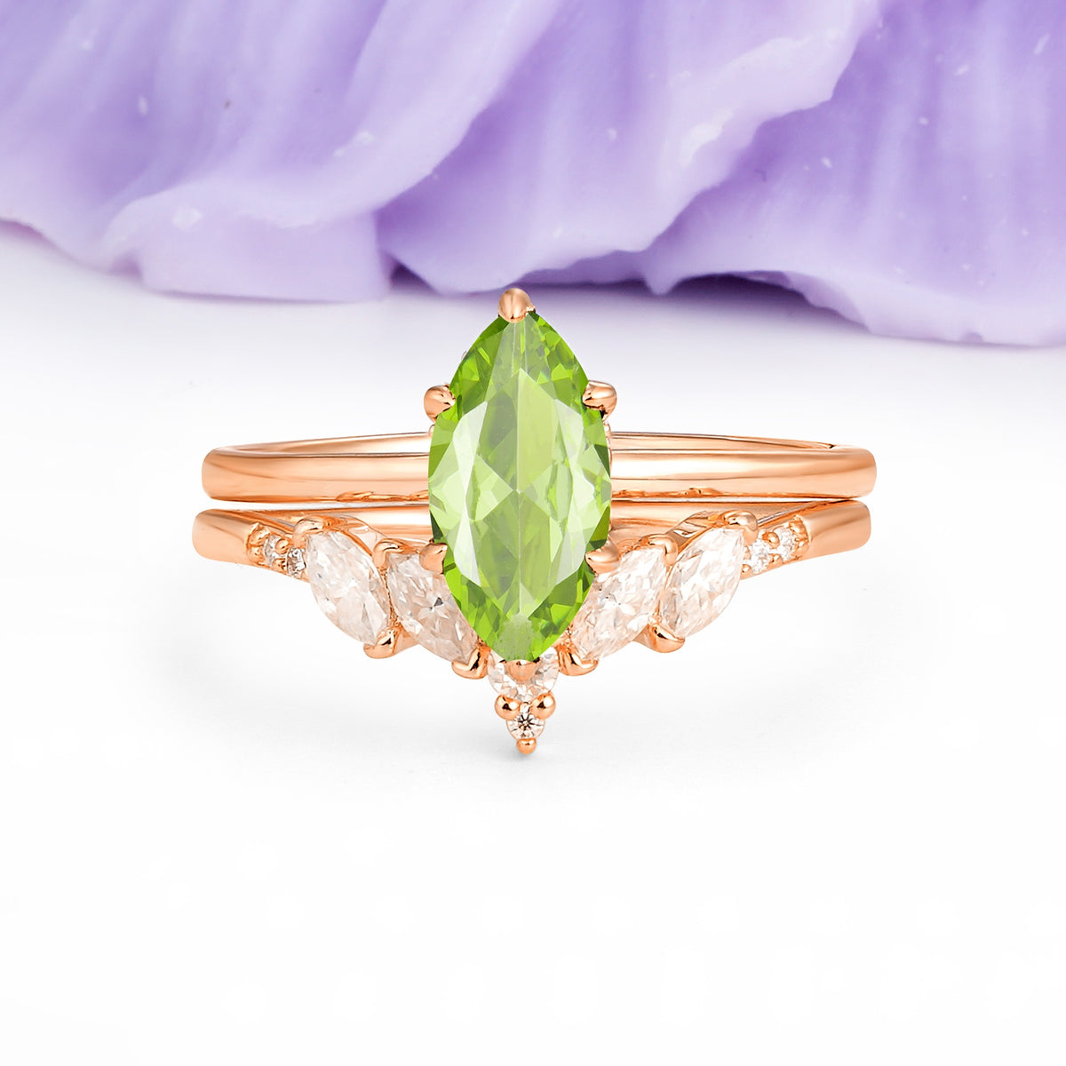 Classic, Luxurious 6-Prong Marquise Cut Peridot Bridal Ring Set - Additional view