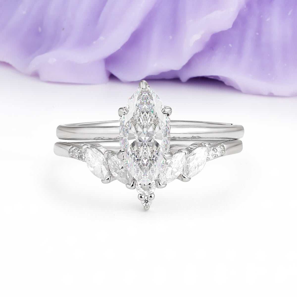 Classic, Luxurious 6-Prong Marquise Cut Moissanite Bridal Ring Set - Additional view