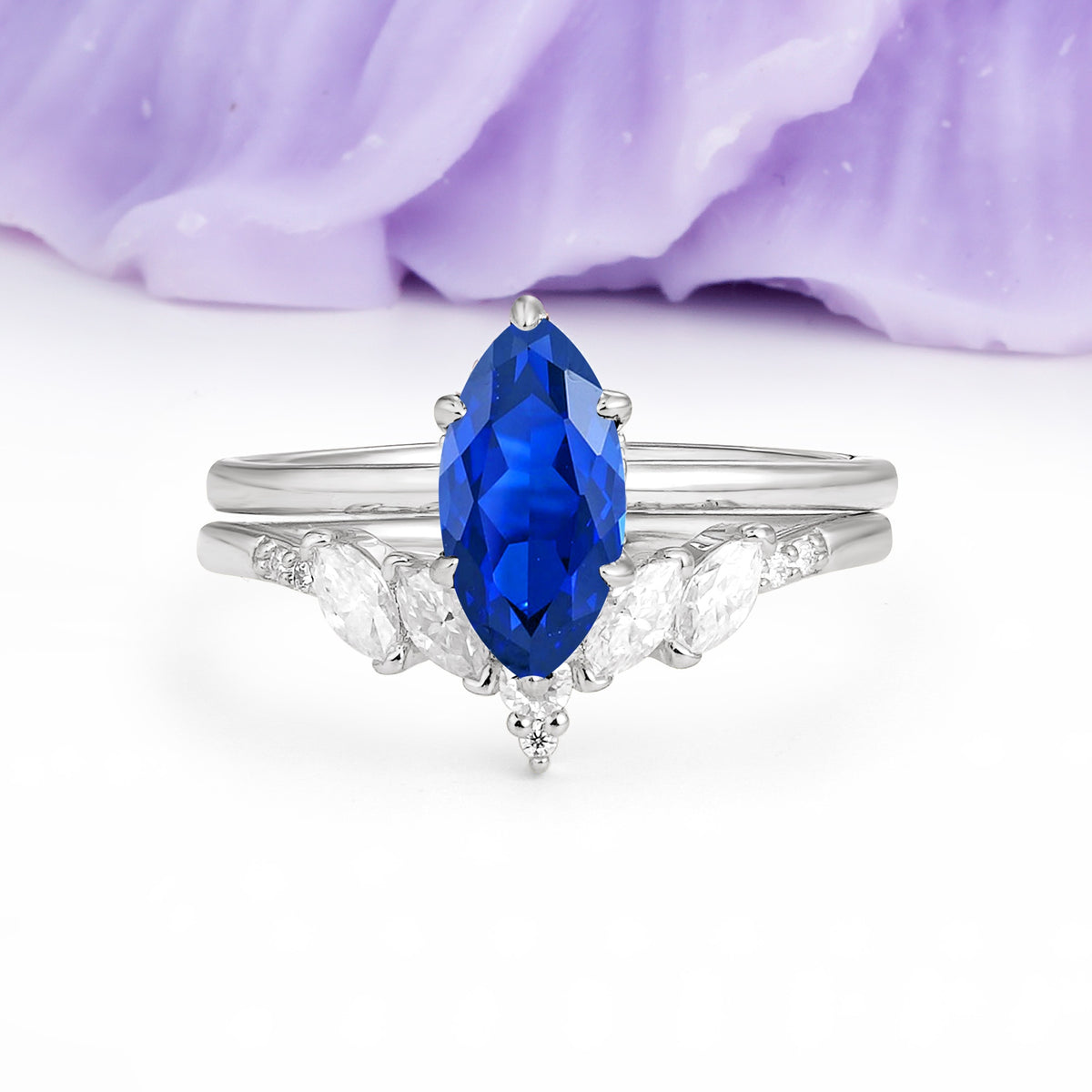 Classic, Luxurious 6-Prong Marquise Cut Sapphire Bridal Ring Set - Additional view