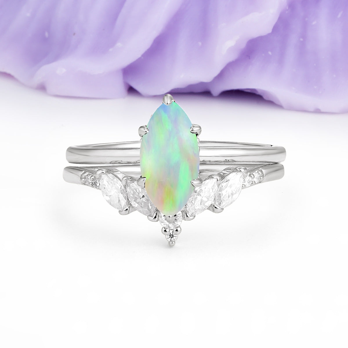 Classic, Luxurious 6-Prong Marquise Cut Fire Opal Bridal Ring Set - Additional view