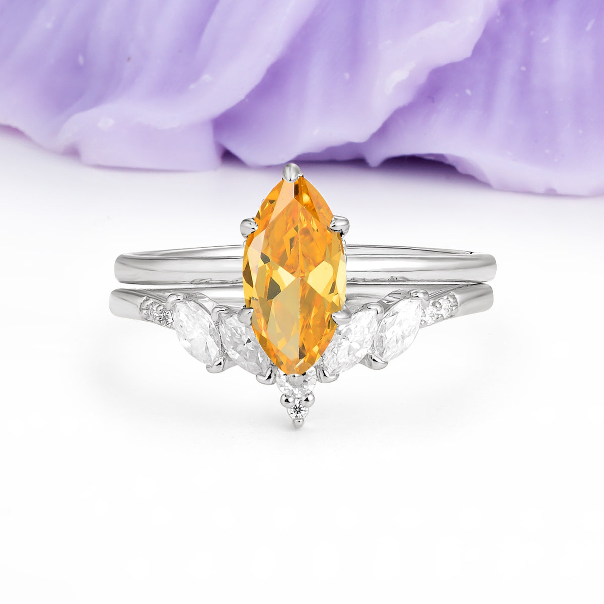 Classic, Luxurious 6-Prong Marquise Cut Citrine Bridal Ring Set - Additional view