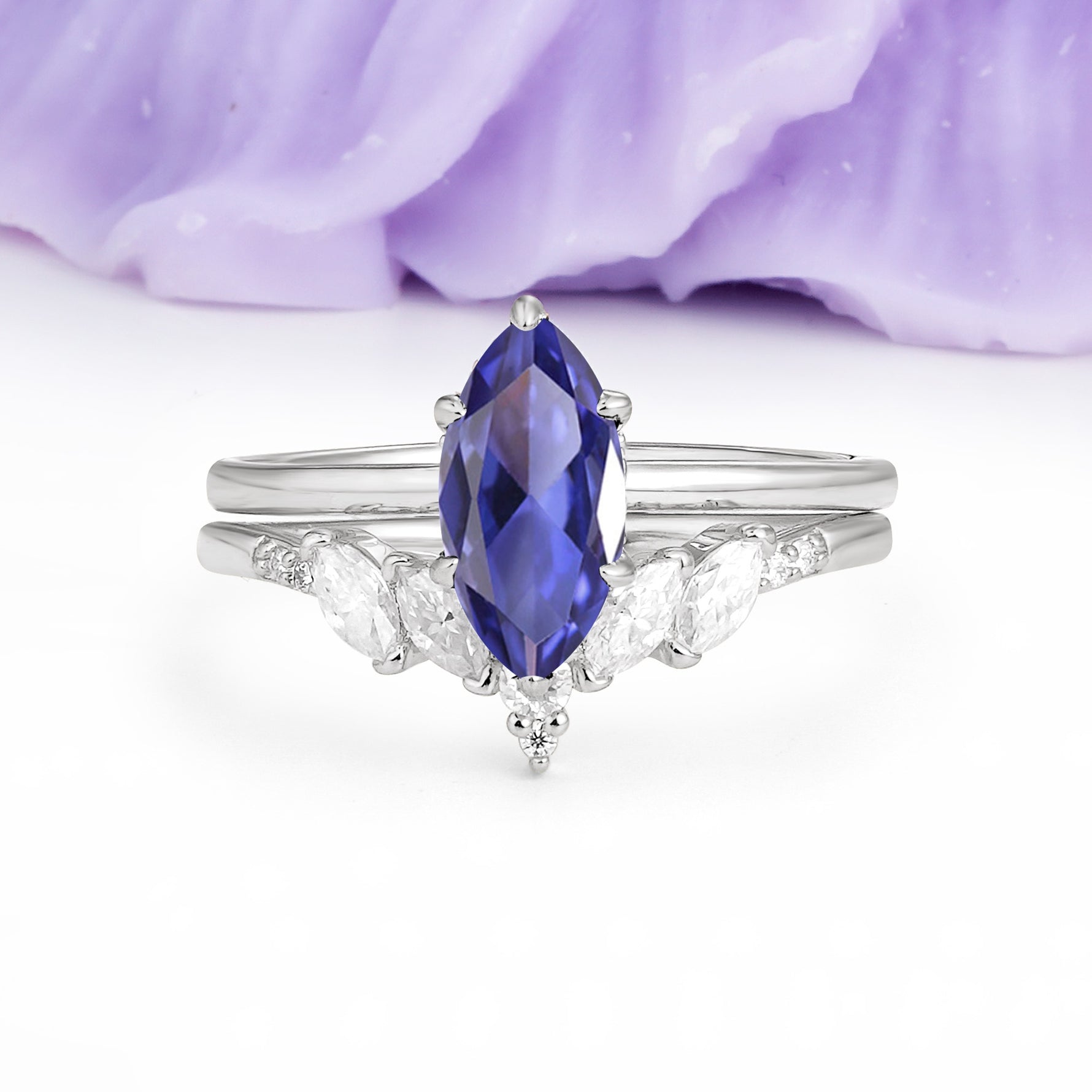 Classic, Luxurious 6-Prong Marquise Cut Tanzanite Bridal Ring Set - Additional view