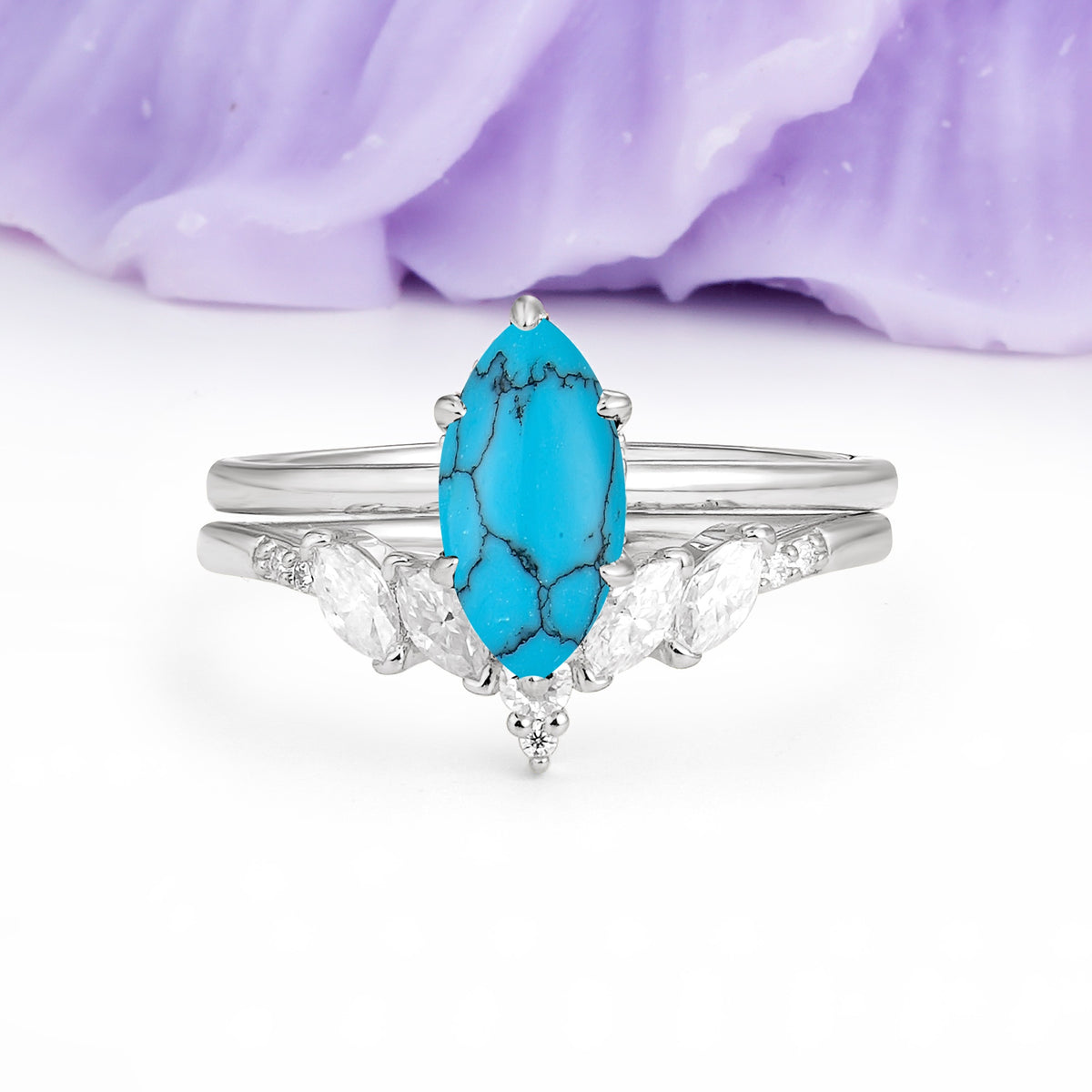 Classic, Luxurious 6-Prong Marquise Cut Turquoise Bridal Ring Set - Additional view