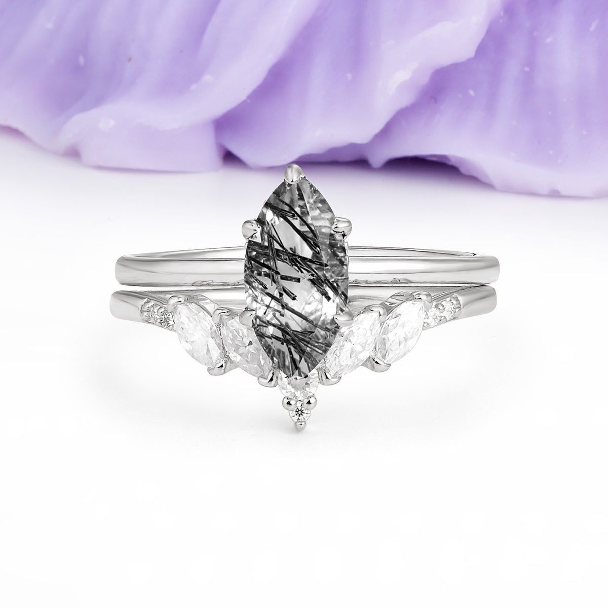 Classic, Luxurious 6-Prong Marquise Cut Black Rutilated Quartz Bridal Ring Set - Additional view