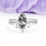 Classic, Luxurious 6-Prong Marquise Cut Black Rutilated Quartz Bridal Ring Set - Additional view