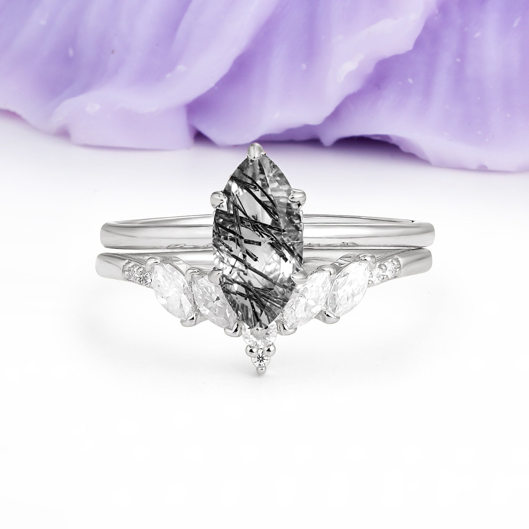 Classic, Luxurious 6-Prong Marquise Cut Black Rutilated Quartz Bridal Ring Set - Additional view