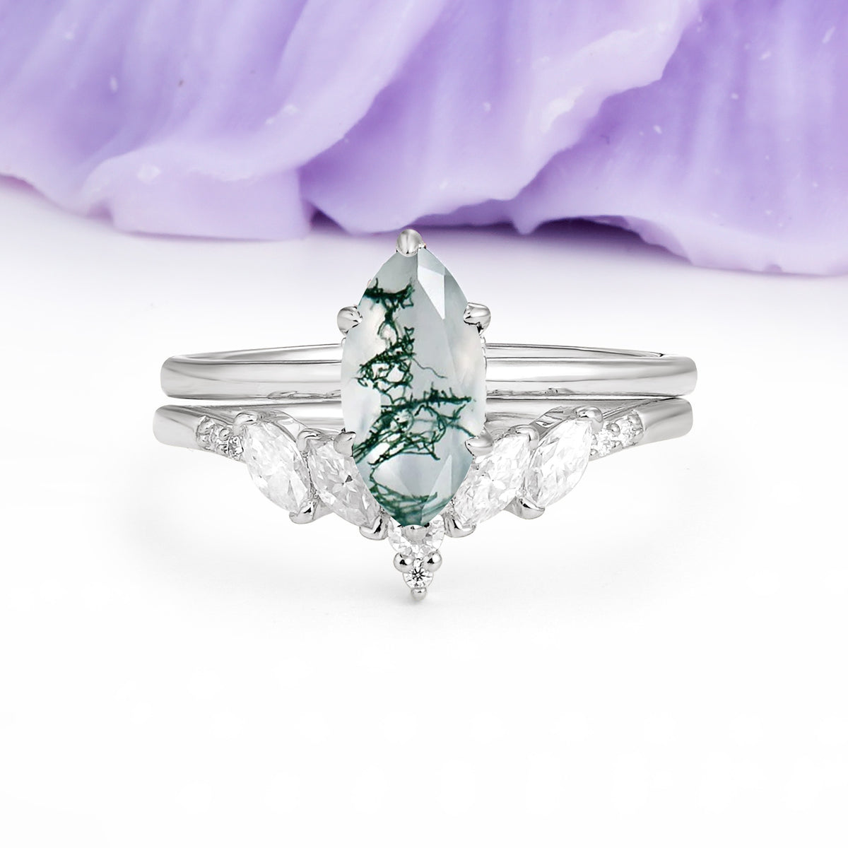 Classic, Luxurious 6-Prong Marquise Cut Moss Agate Bridal Ring Set - Additional view