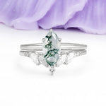 Classic, Luxurious 6-Prong Marquise Cut Moss Agate Bridal Ring Set - Additional view