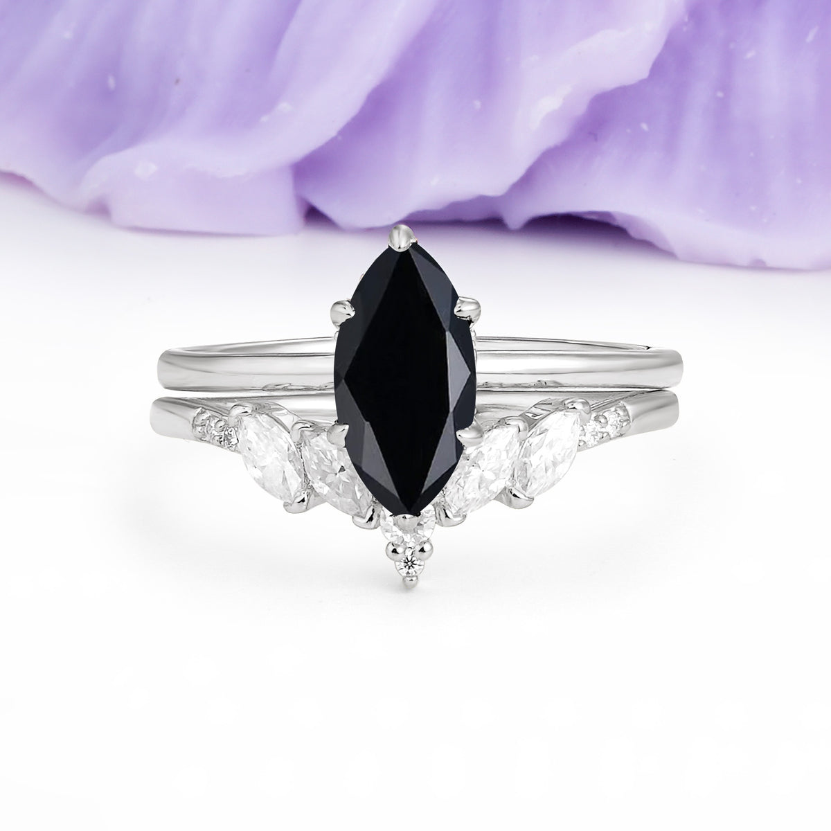 Classic, Luxurious 6-Prong Marquise Cut Black Onyx Bridal Ring Set - Additional view
