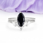 Classic, Luxurious 6-Prong Marquise Cut Black Onyx Bridal Ring Set - Additional view
