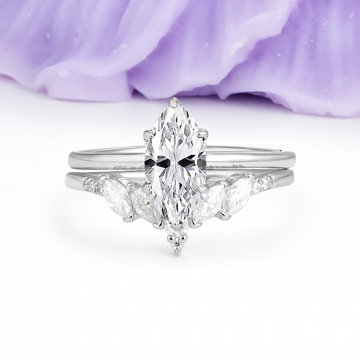Classic, Luxurious 6-Prong Marquise Cut Lab Diamond Bridal Ring Set - Additional view
