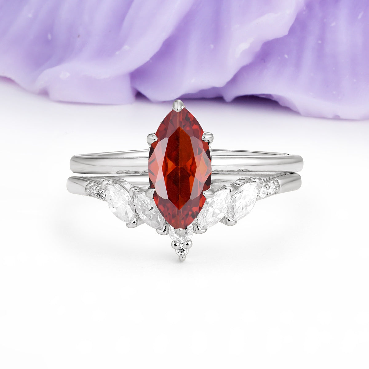 Classic, Luxurious 6-Prong Marquise Cut Garnet Bridal Ring Set - Additional view