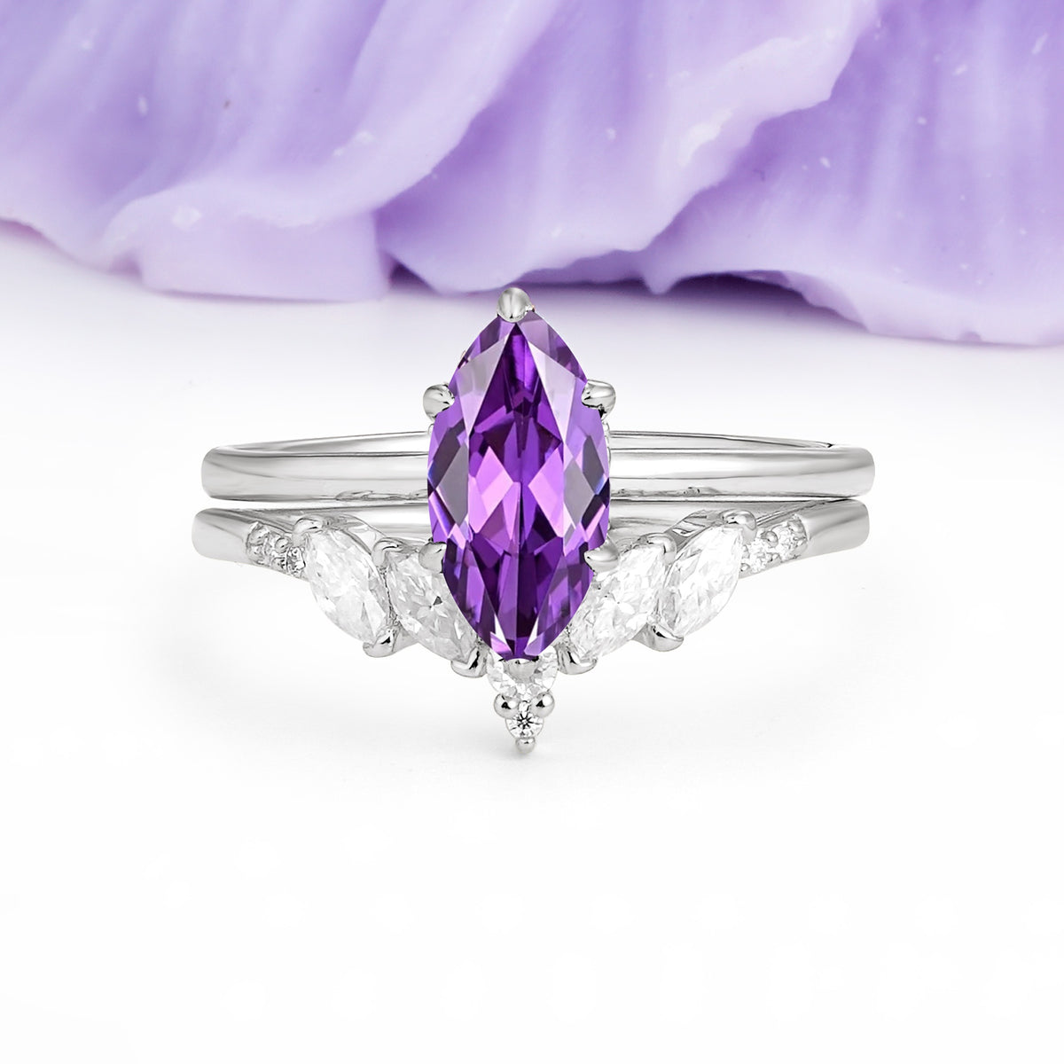 Classic, Luxurious 6-Prong Marquise Cut Amethyst Bridal Ring Set - Additional view