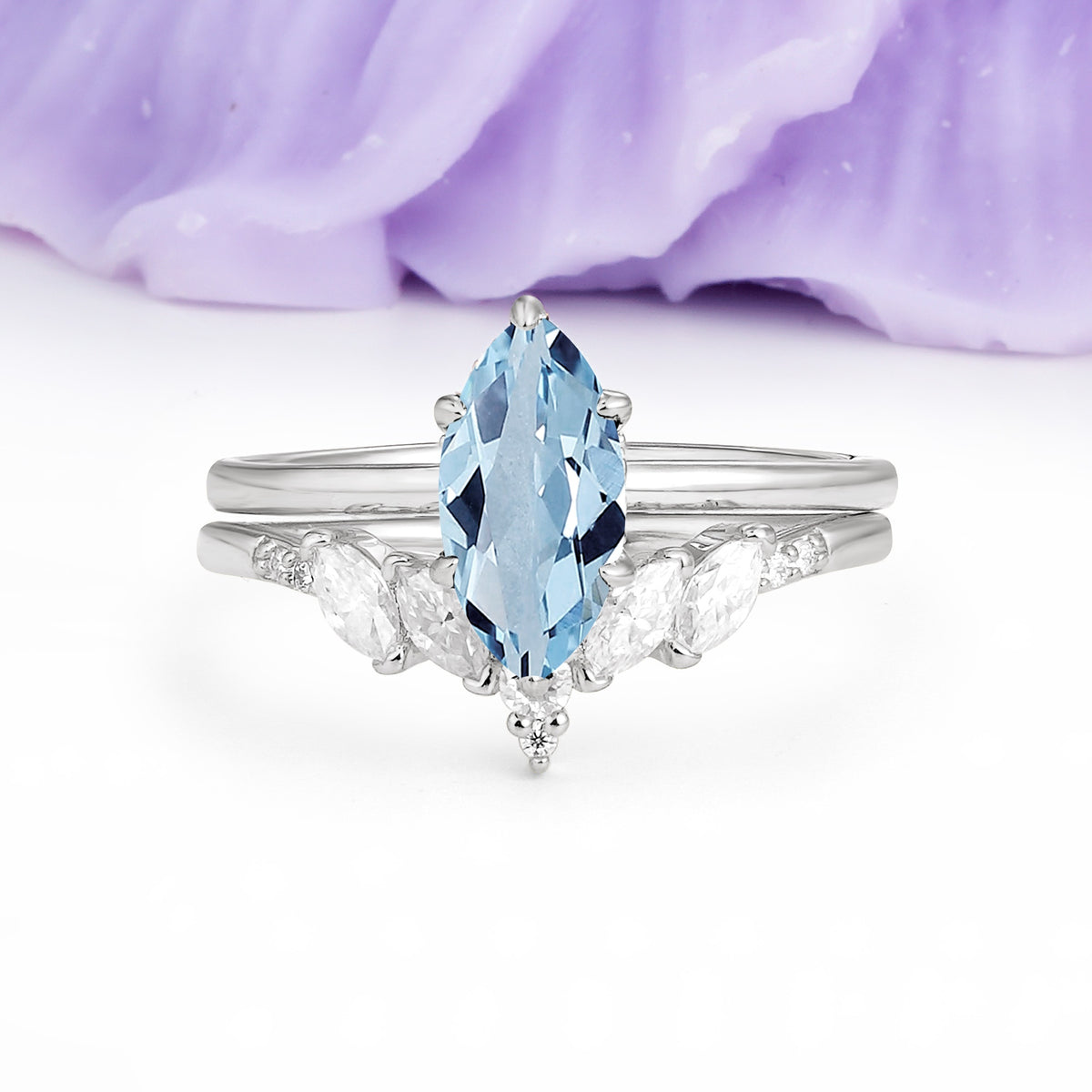 Classic, Luxurious 6-Prong Marquise Cut Aquamarine Bridal Ring Set - Additional view