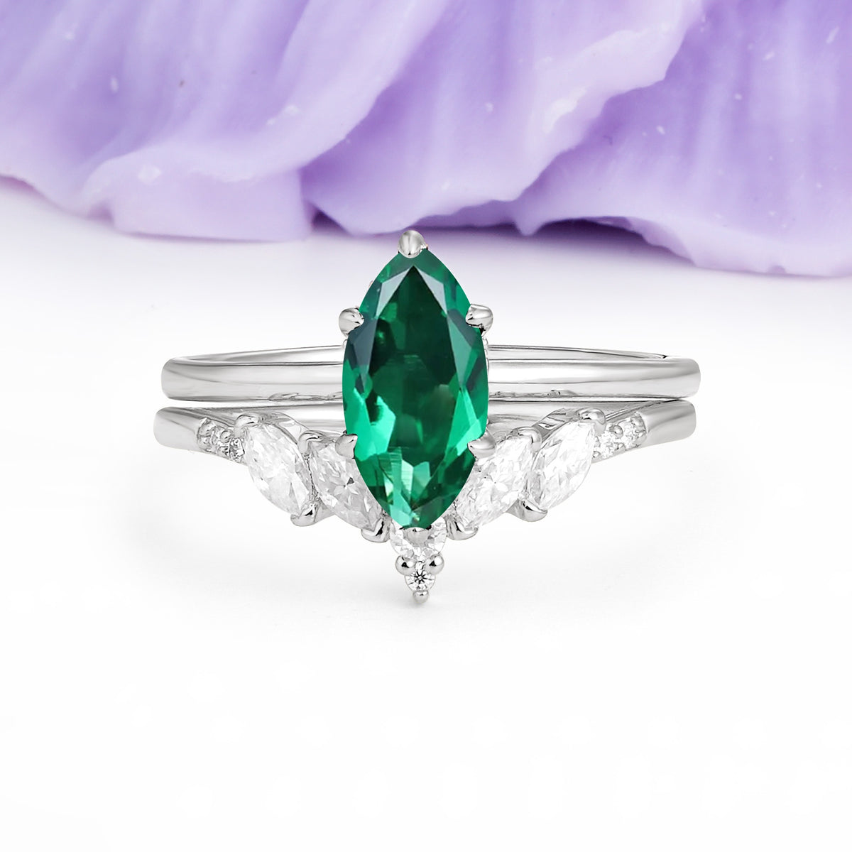 Classic, Luxurious 6-Prong Marquise Cut Emerald Bridal Ring Set - Additional view