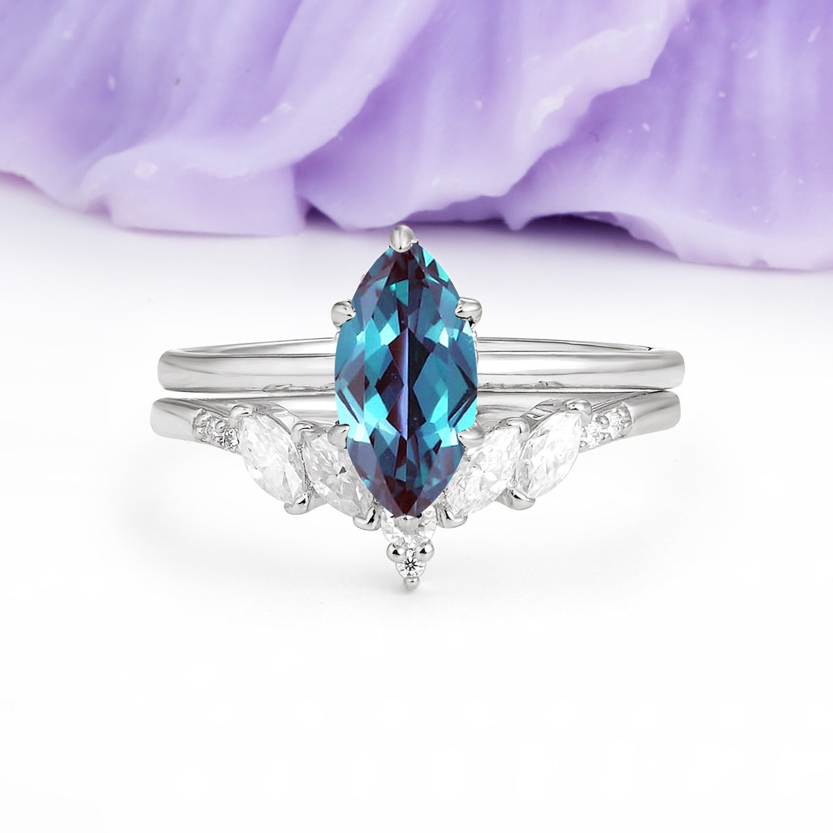 Classic, Luxurious 6-Prong Marquise Cut Alexandrite Bridal Ring Set - Additional view