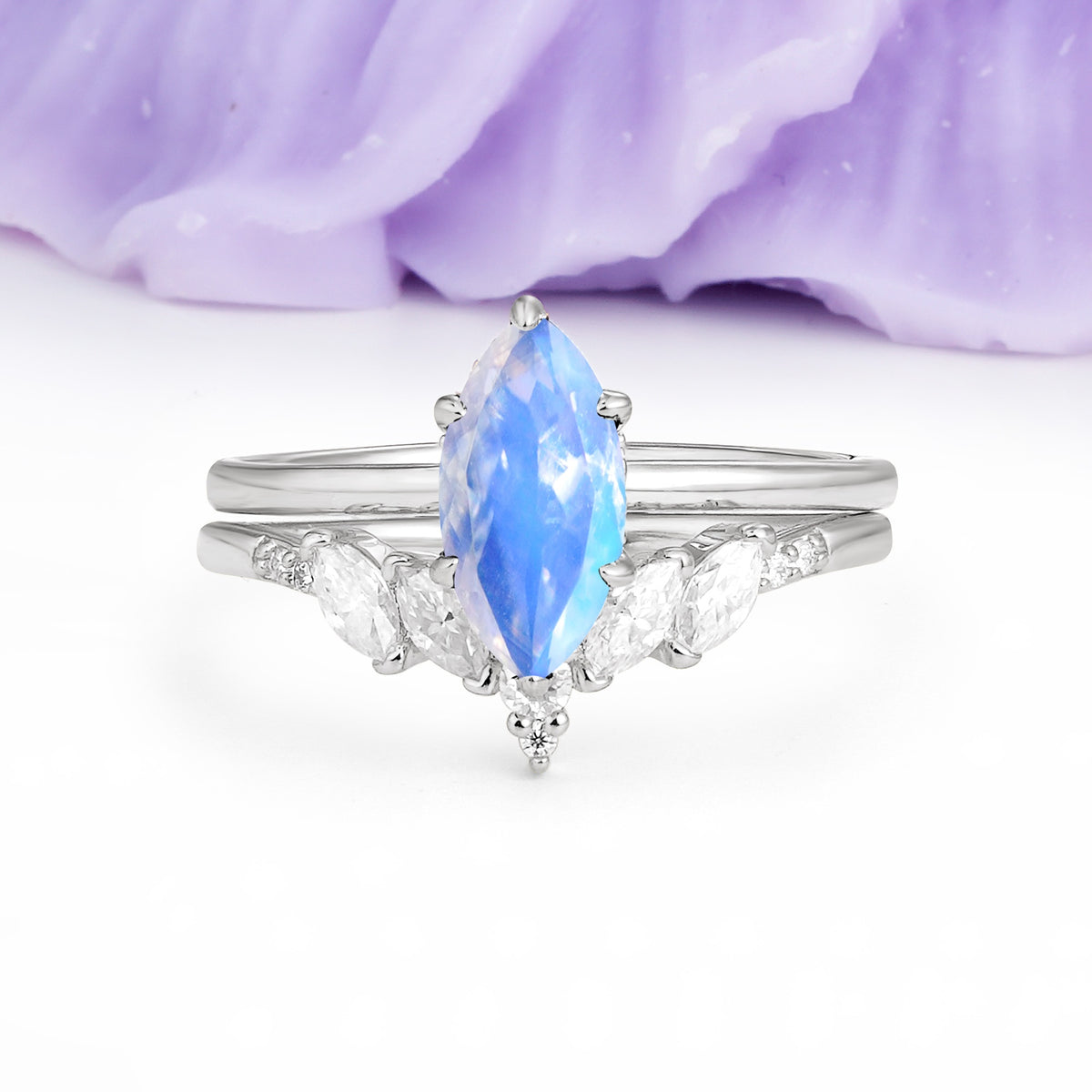 Classic, Luxurious 6-Prong Marquise Cut Moonstone Bridal Ring Set - Additional view