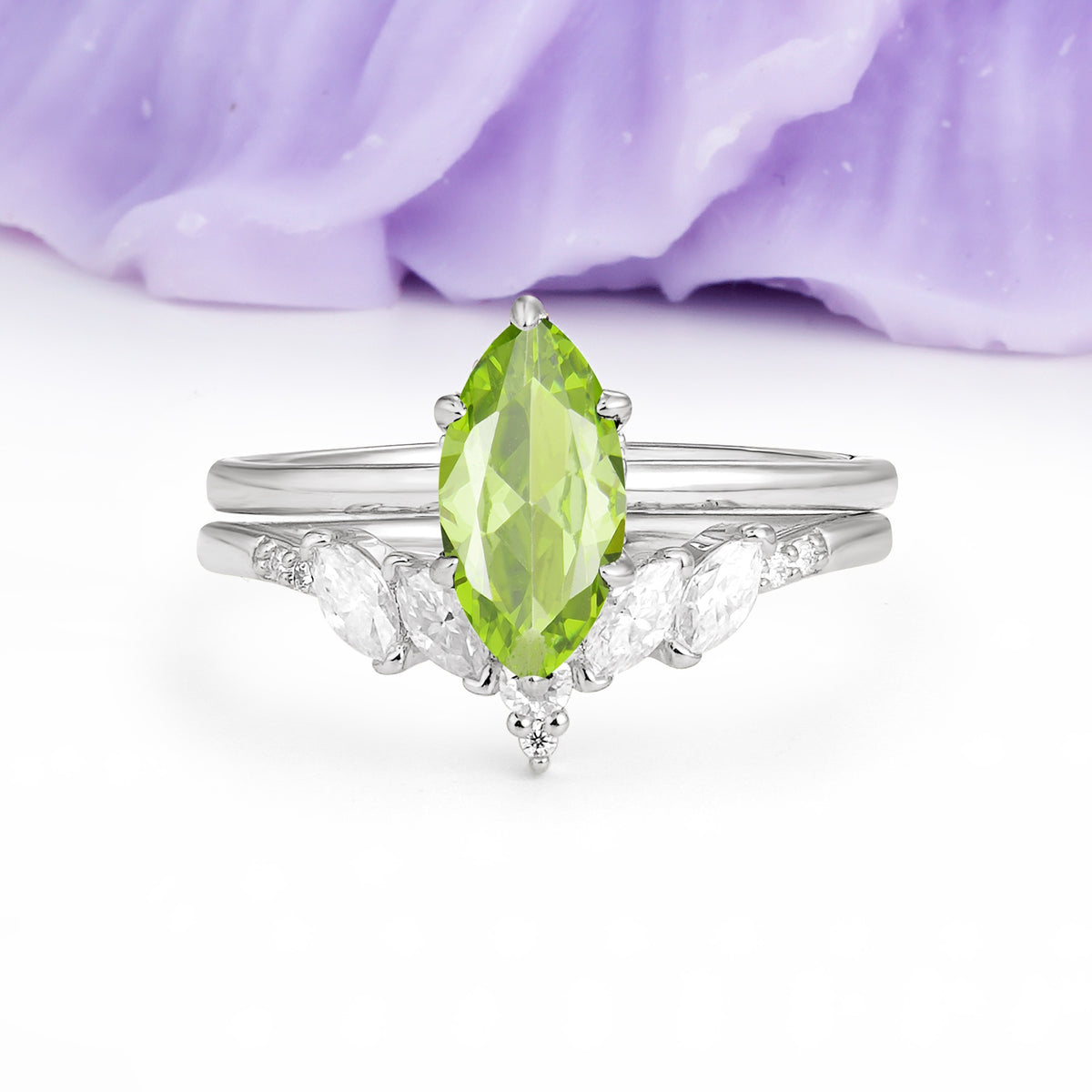 Classic, Luxurious 6-Prong Marquise Cut Peridot Bridal Ring Set - Additional view