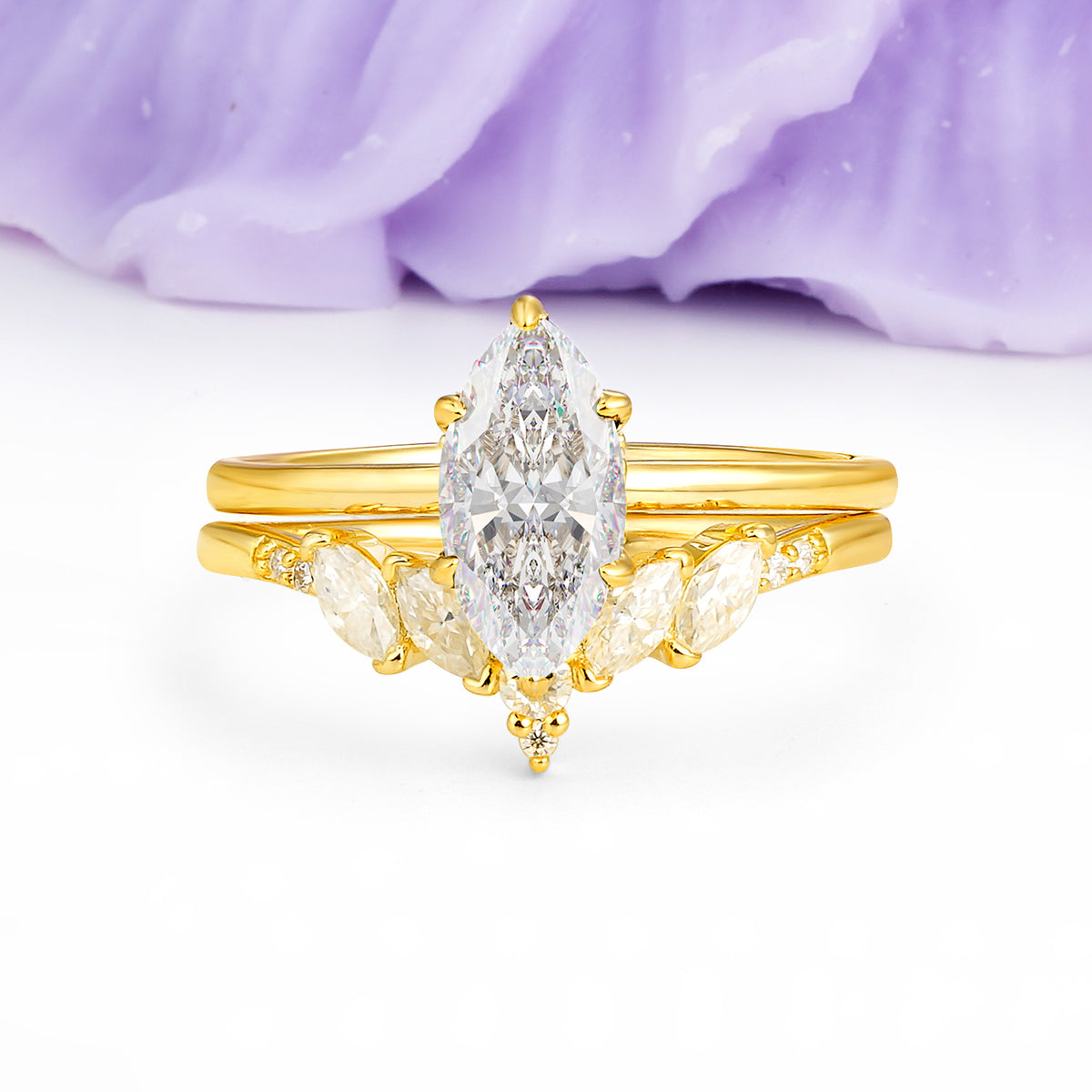 Classic, Luxurious 6-Prong Marquise Cut Moissanite Bridal Ring Set - Additional view