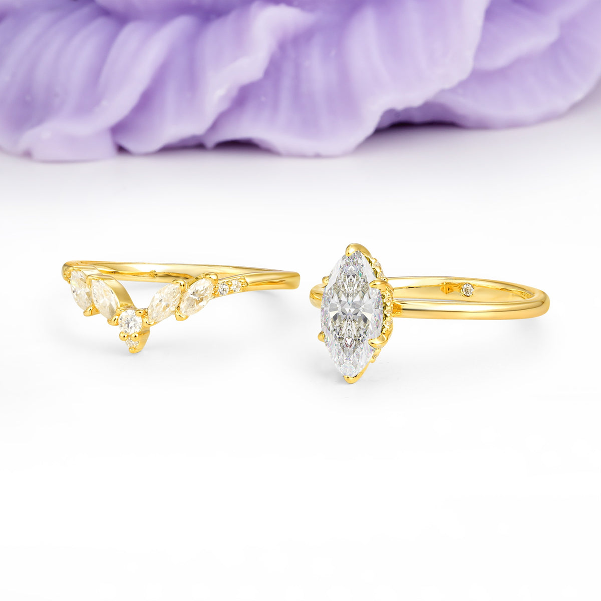 Classic, Luxurious 6-Prong Marquise Cut Moissanite Bridal Ring Set - Additional view
