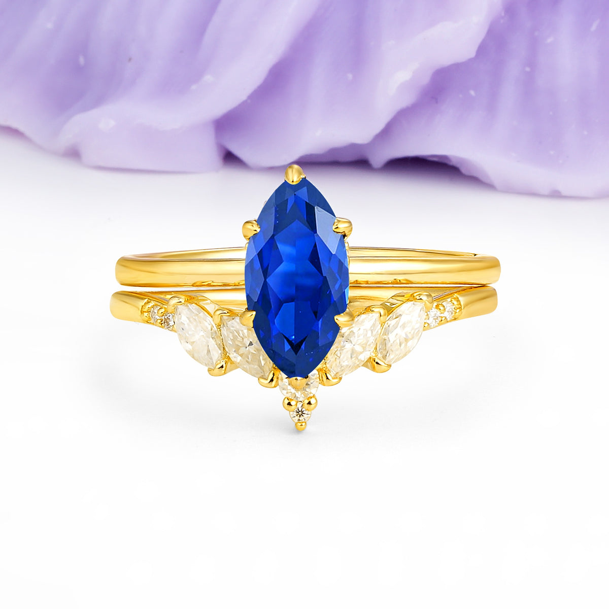 Classic, Luxurious 6-Prong Marquise Cut Sapphire Bridal Ring Set - Additional view