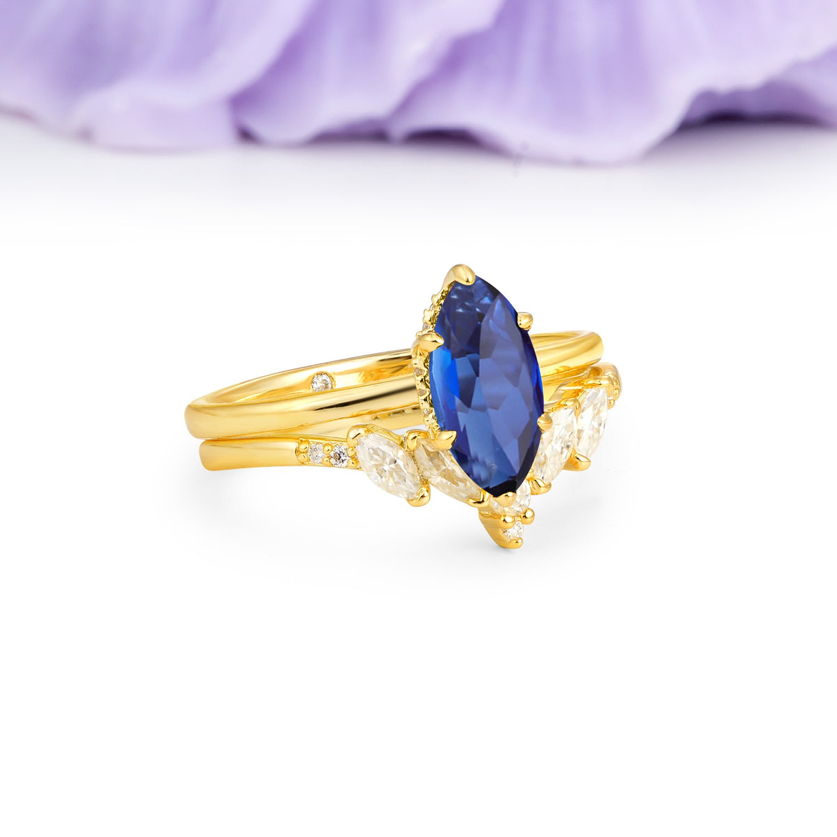 Classic, Luxurious 6-Prong Marquise Cut Sapphire Bridal Ring Set - Additional view