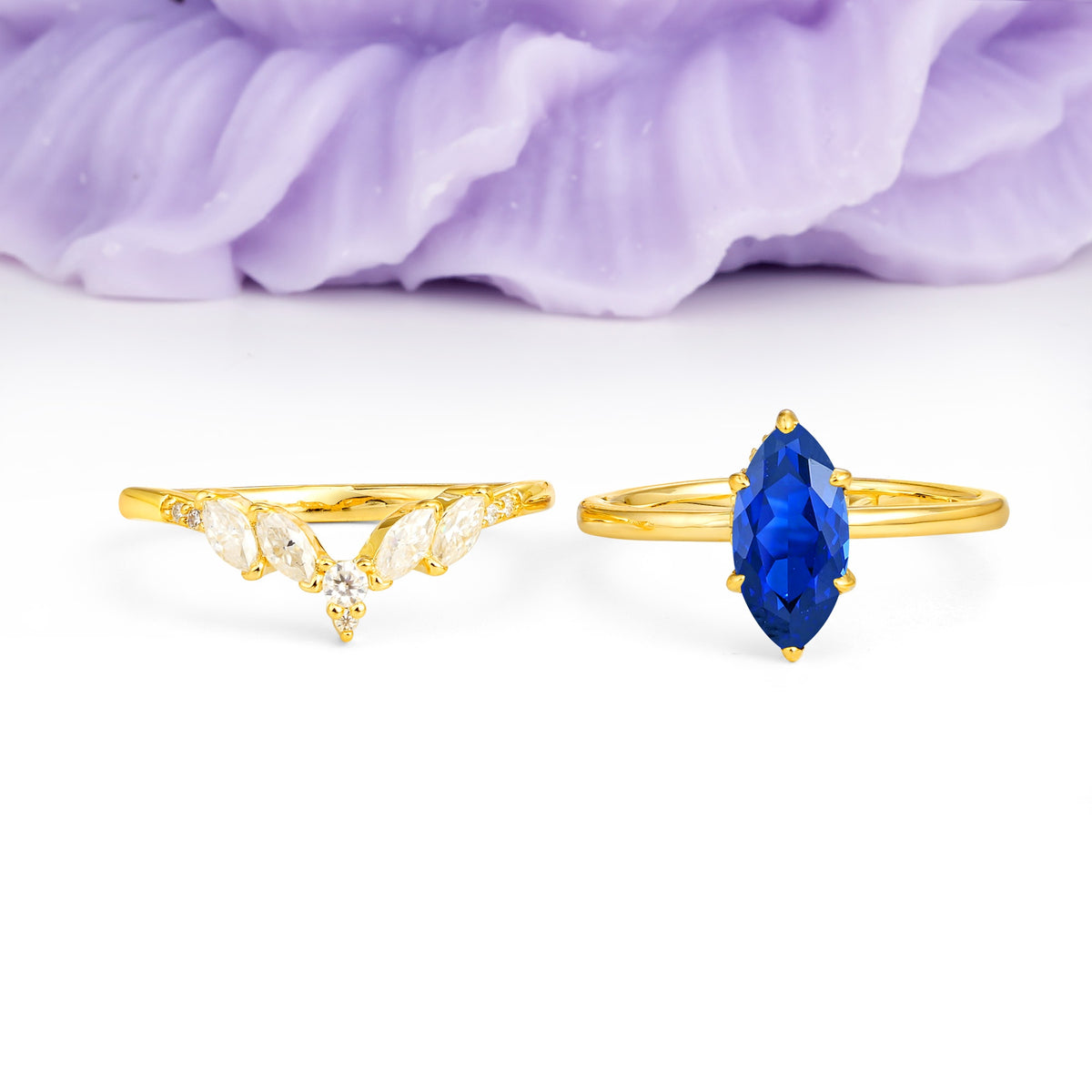 Classic, Luxurious 6-Prong Marquise Cut Sapphire Bridal Ring Set - Additional view