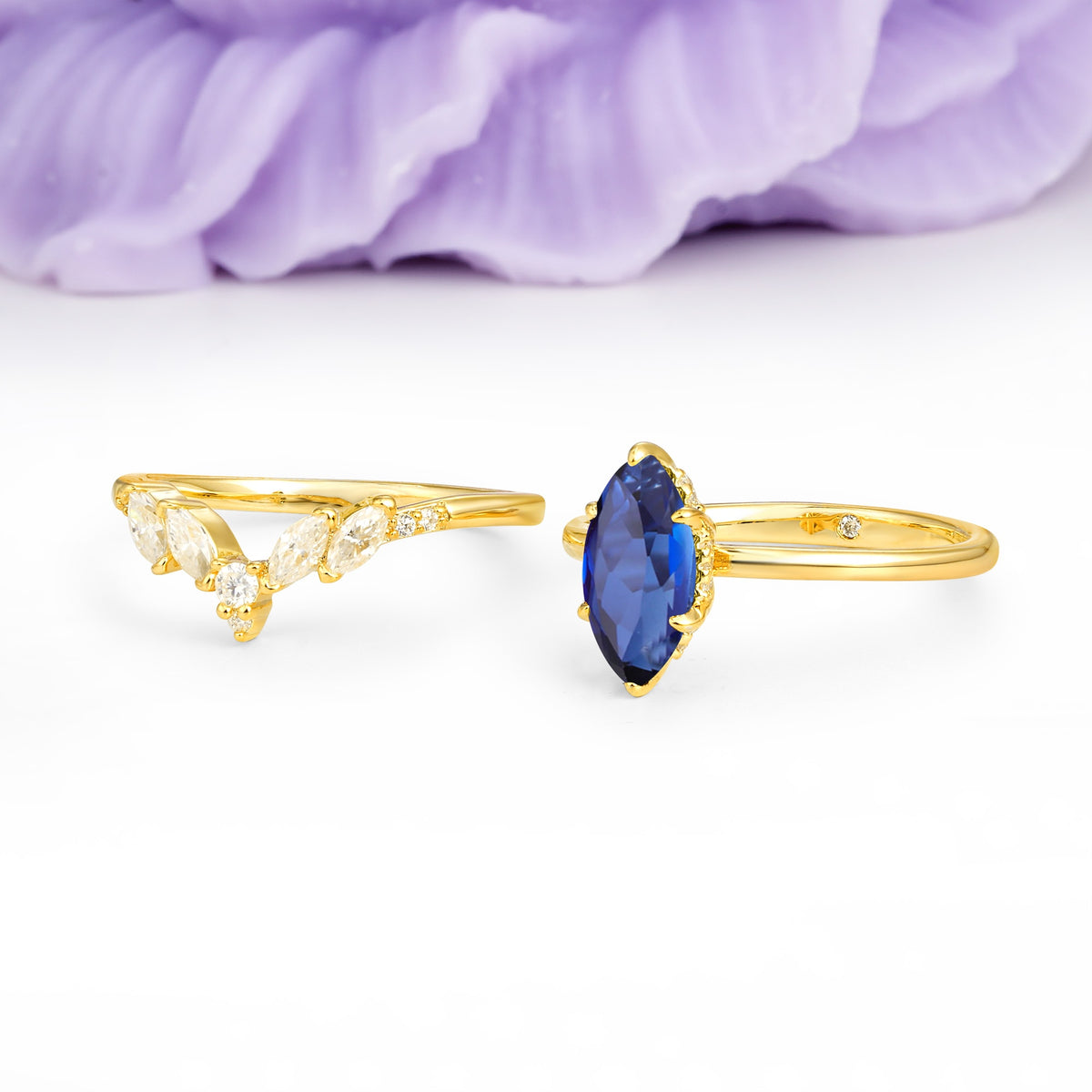 Classic, Luxurious 6-Prong Marquise Cut Sapphire Bridal Ring Set - Additional view