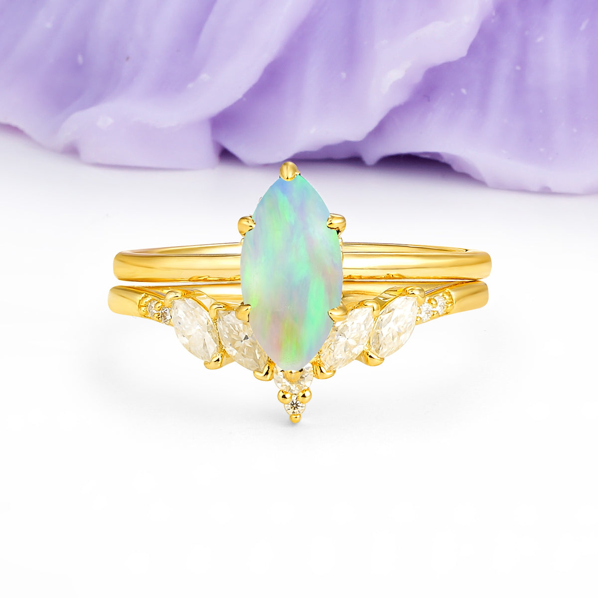 Classic, Luxurious 6-Prong Marquise Cut Fire Opal Bridal Ring Set - Additional view