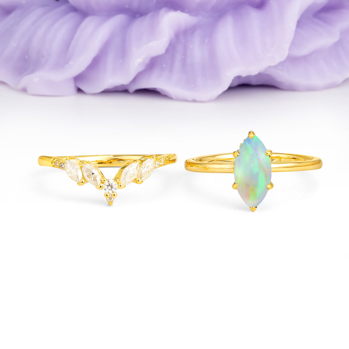 Classic, Luxurious 6-Prong Marquise Cut Fire Opal Bridal Ring Set - Additional view
