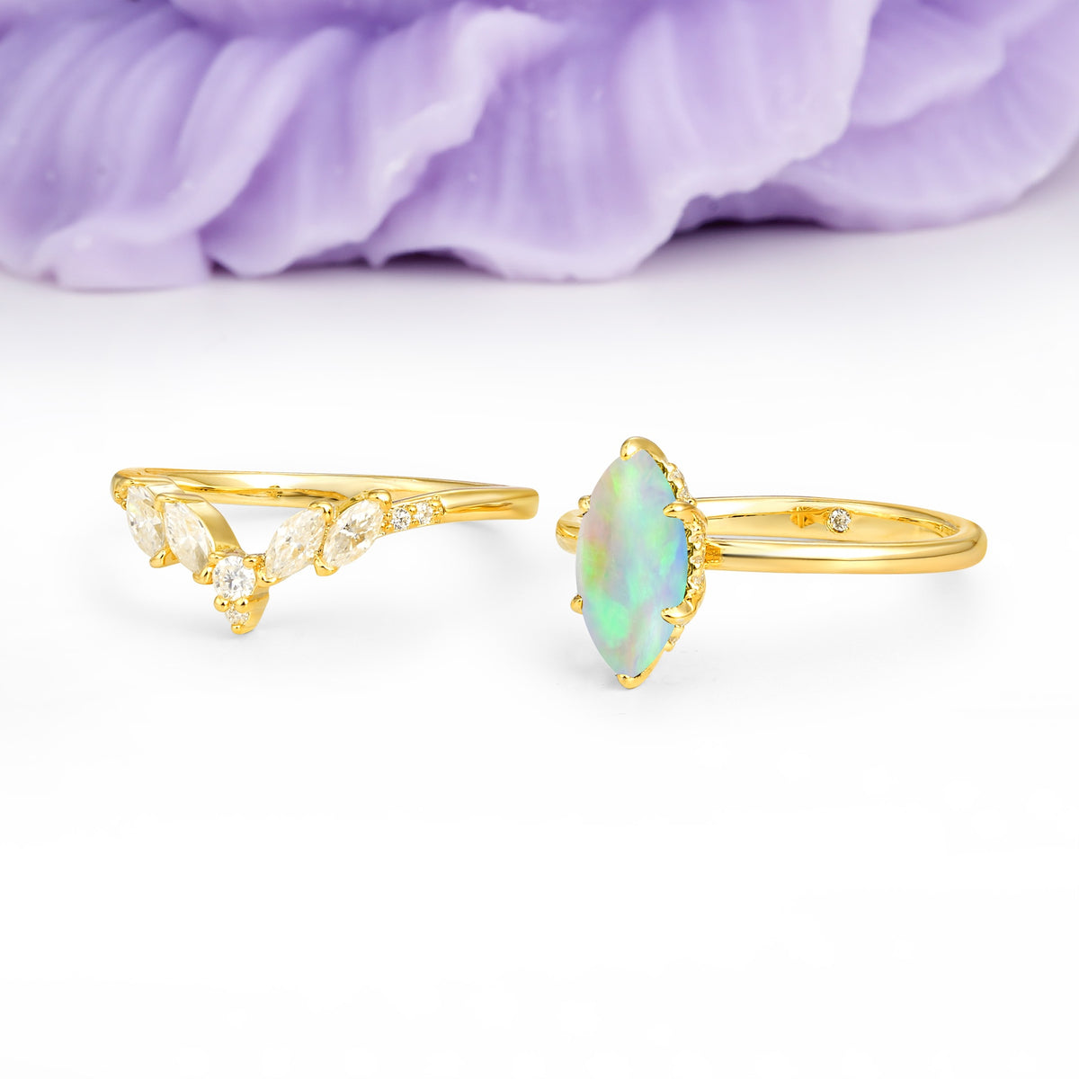 Classic, Luxurious 6-Prong Marquise Cut Fire Opal Bridal Ring Set - Additional view