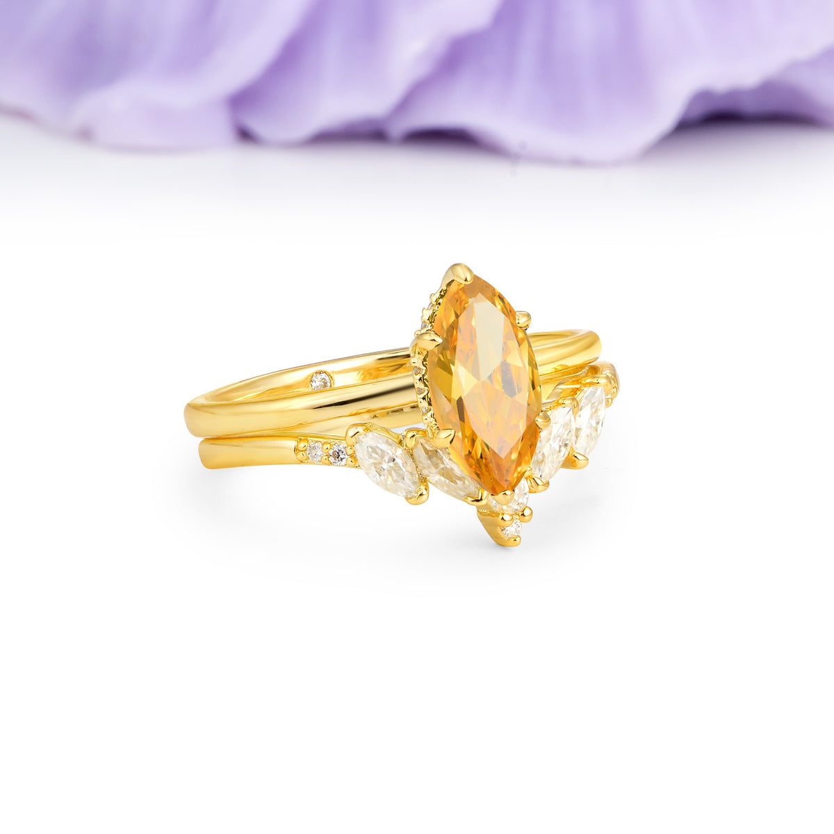 Classic, Luxurious 6-Prong Marquise Cut Citrine Bridal Ring Set - Additional view