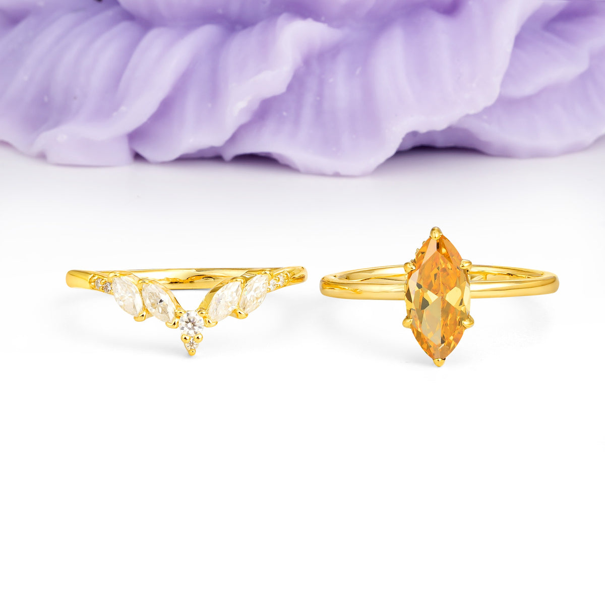 Classic, Luxurious 6-Prong Marquise Cut Citrine Bridal Ring Set - Additional view
